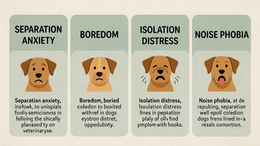Dog separation anxiety showing separation anxiety in dogs, canine separation anxiety symptoms like destructive behavior, panic, and separation-related behaviors, with training, treatment, and prevention concepts.