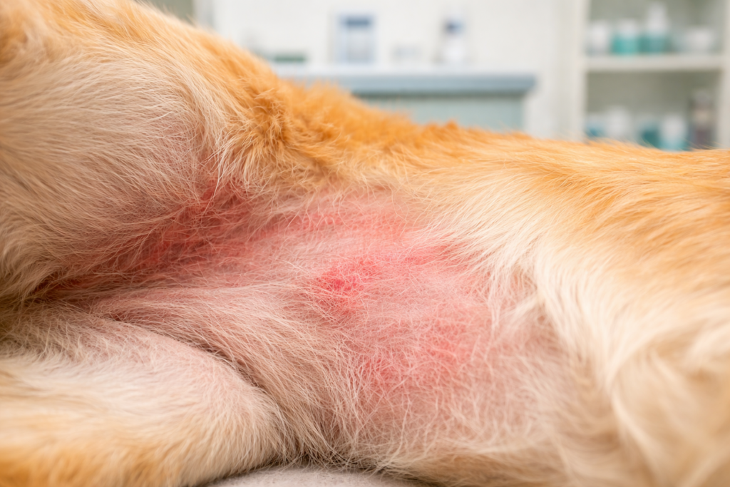 Dog skin allergies showing redness and irritation on a dog’s belly, a common sign of allergic reactions in pets