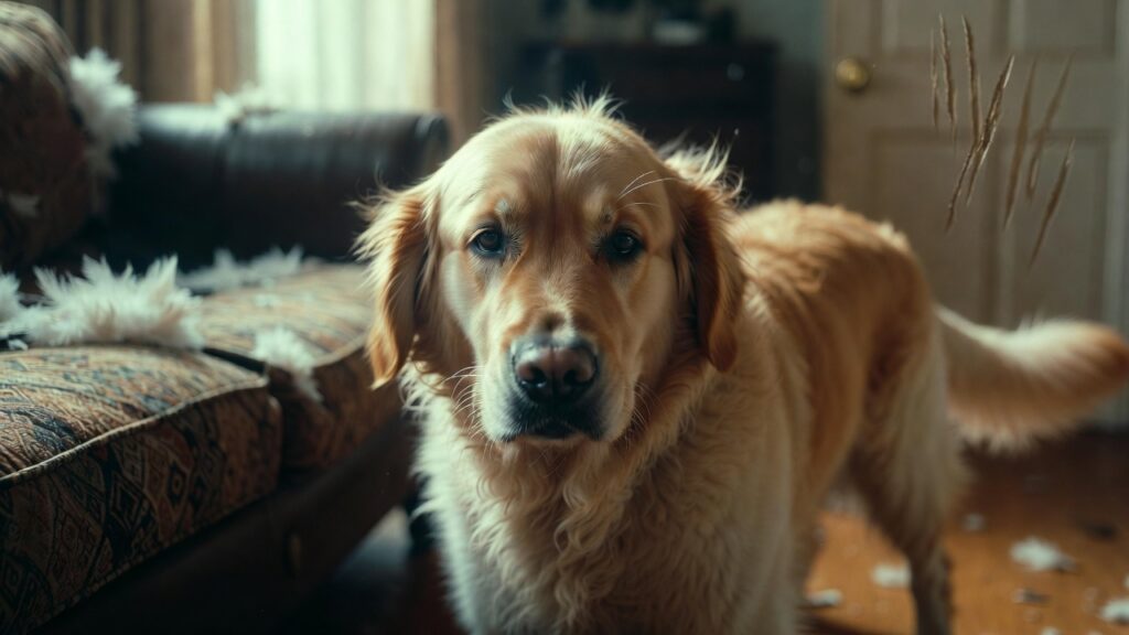 Dog separation anxiety showing separation anxiety in dogs, canine separation anxiety symptoms like destructive behavior, panic, and separation-related behaviors, with training, treatment, and prevention concepts.