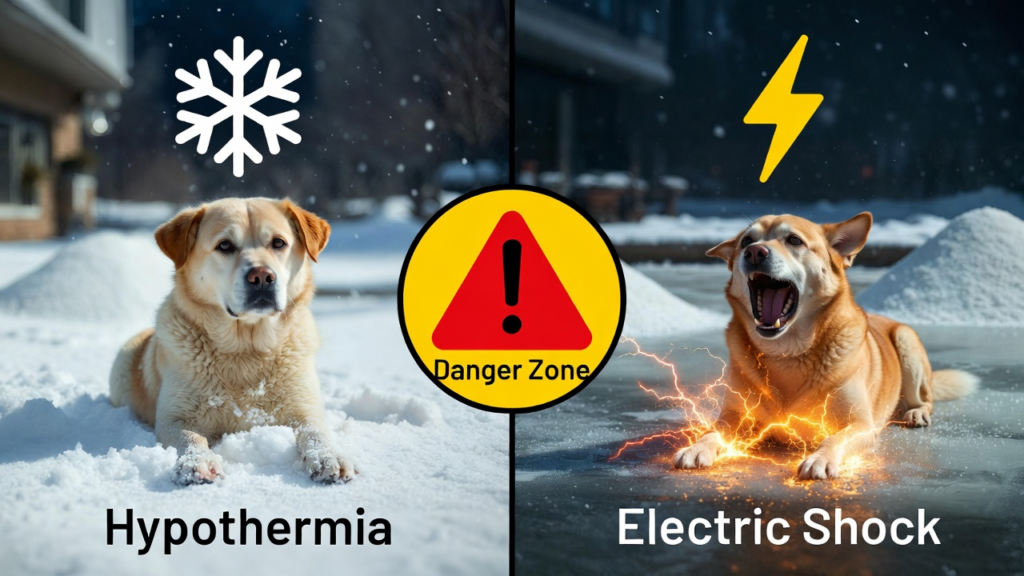 Winter pet safety guide showing cold weather pet tips, pet hypothermia first aid, pet frostbite treatment, dog electric shock sidewalk risks, pet first aid kit 2026 essentials, and a basic pet CPR guide for dogs and cats.