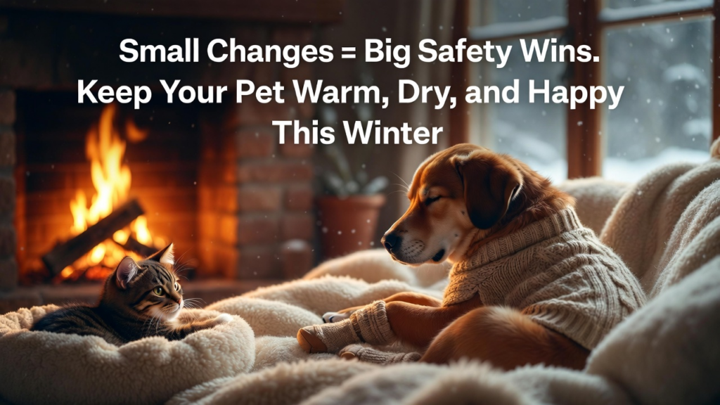 Winter pet safety guide showing cold weather pet tips, pet hypothermia first aid, pet frostbite treatment, dog electric shock sidewalk risks, pet first aid kit 2026 essentials, and a basic pet CPR guide for dogs and cats.