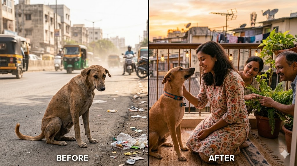 Dog adoption near me campaign showing abandoned dogs ready to be adopted